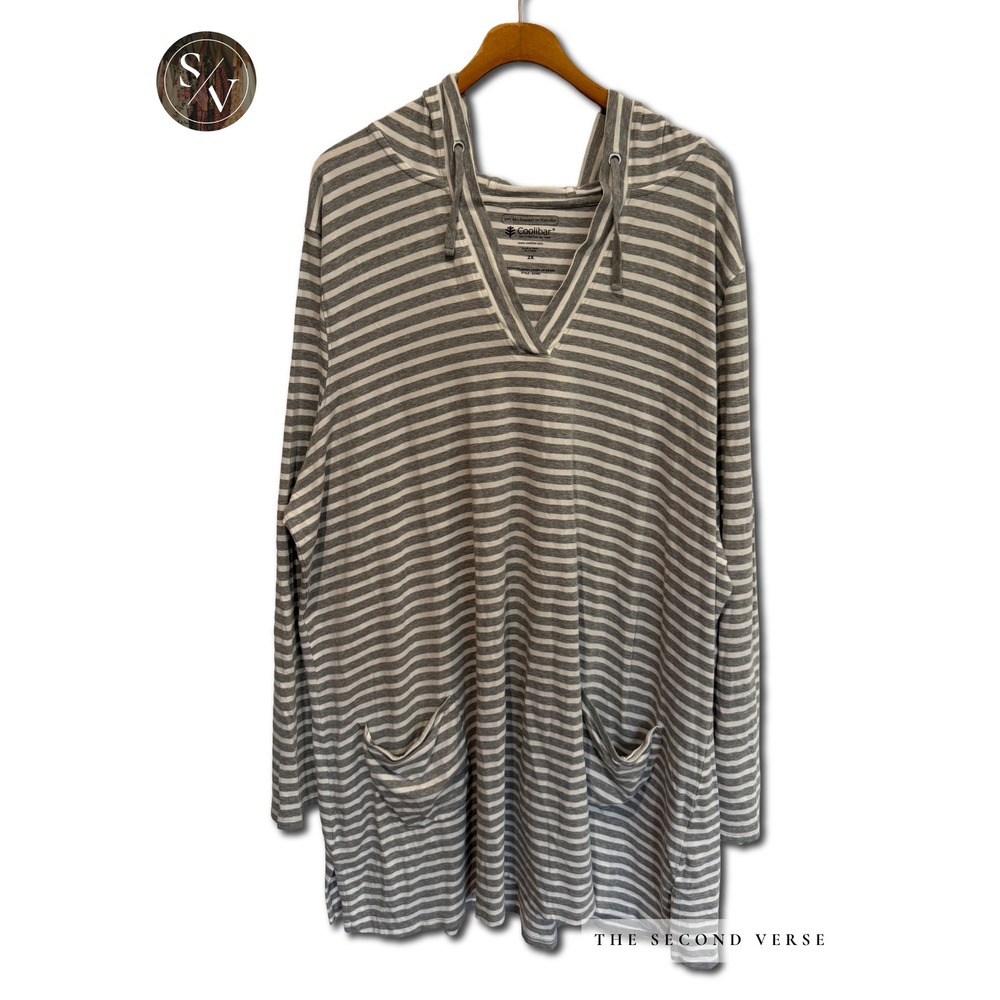 Coolibar Catalina Beach Cover-Up Dress 2X Grey White Stripe UPF 50+ Hooded Tunic